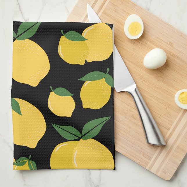 Lemon Pattern Retro Fruit Yellow On Black Tea Towel (Quarter Fold)