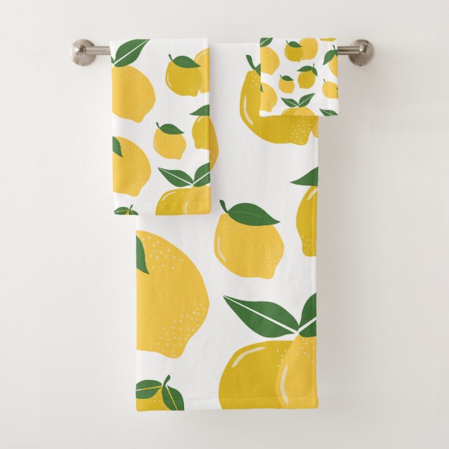 Lemon Pattern Retro Fruit Yellow On White Bath Towel Set (Insitu)