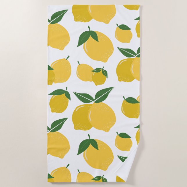 Lemon Pattern Retro Fruit Yellow On White Beach Towel (Front)