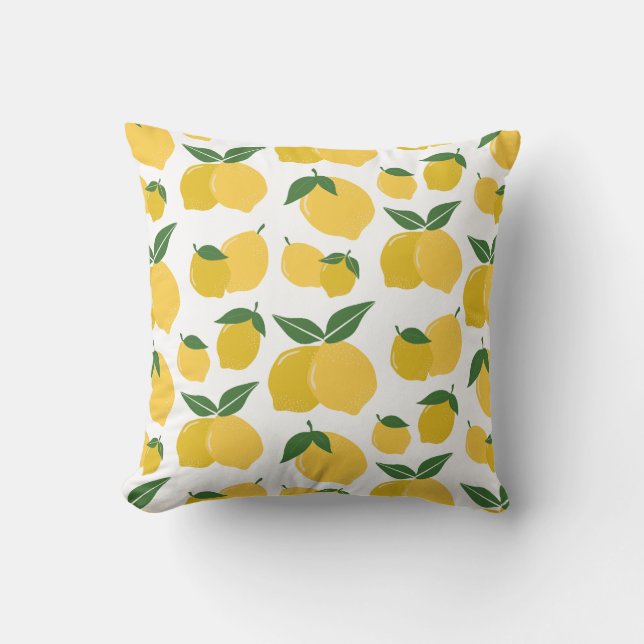 Lemon Pattern Retro Fruit Yellow On White Cushion (Front)