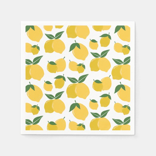 Lemon Pattern Retro Fruit Yellow On White Napkin (Front)