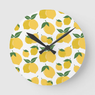 Lemon Pattern Retro Fruit Yellow On White Round Clock