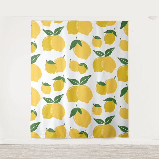 Lemon Pattern Retro Fruit Yellow On White Tapestry (Front)