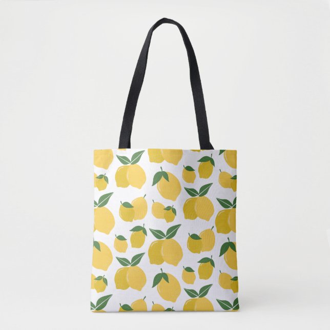 Lemon Pattern Retro Fruit Yellow On White Tote Bag (Front)