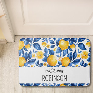 Lemon Pattern Tropical Fruit Custom Couple Name Bath Mat