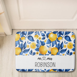 Lemon Pattern Tropical Fruit Custom Couple Name Bath Mat