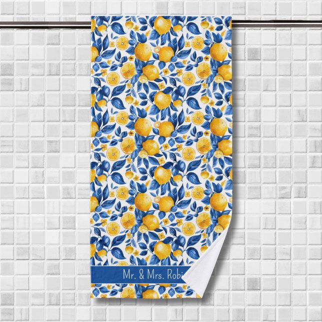 Lemon Pattern Tropical Fruit Custom Couple Name Bath Towel (Creator Uploaded)