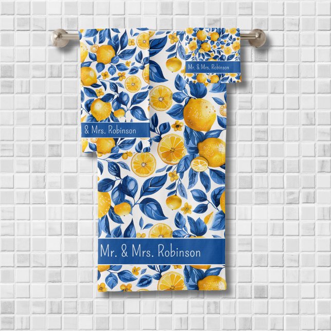 Lemon Pattern Tropical Fruit Custom Couple Name Bath Towel Set (Creator Uploaded)