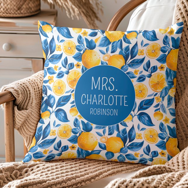 Lemon Pattern Tropical Fruit Custom Couple Name Cushion (Creator Uploaded)