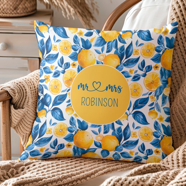 Lemon Pattern Tropical Fruit Custom Couple Name Cushion (Creator Uploaded)