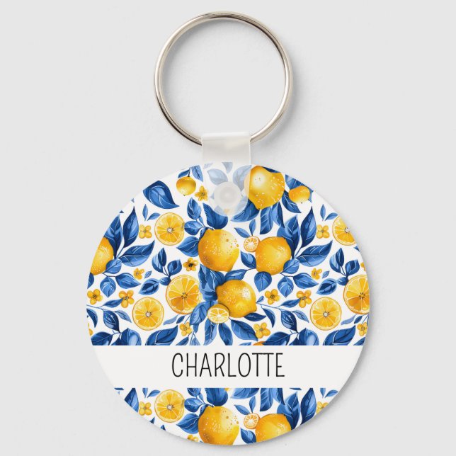 Lemon Pattern Tropical Fruit Personalised Name Key Ring (Front)