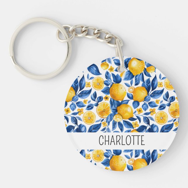 Lemon Pattern Tropical Fruit Personalised Name Key Ring (Front)