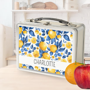 Lemon Pattern Tropical Fruit Personalised Name Metal Lunch Box