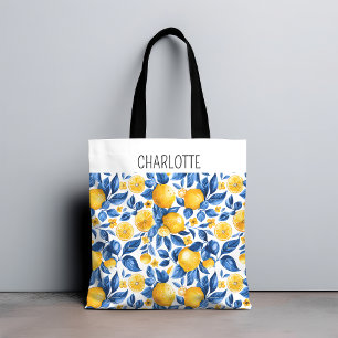Lemon Pattern Tropical Fruit Personalised Name Tote Bag