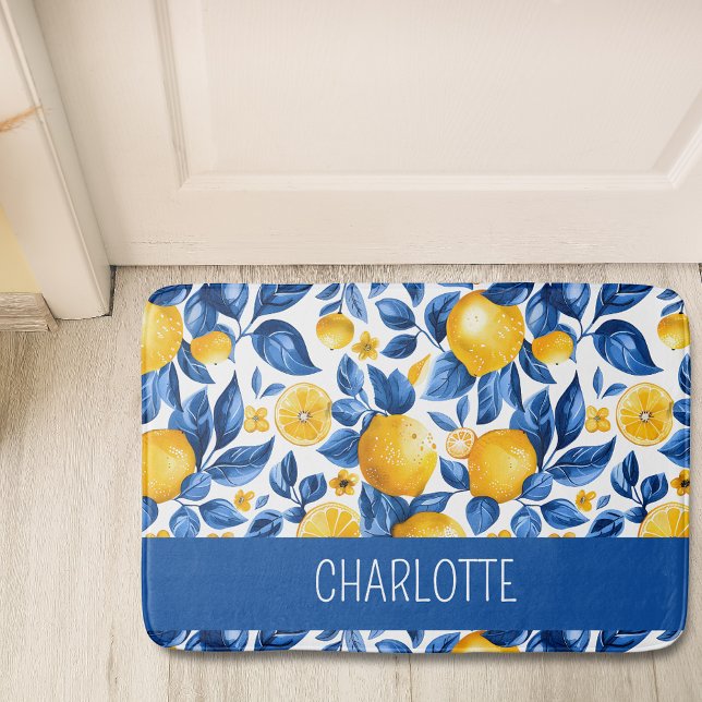 Lemon Pattern Tropical Fruit Yellow Custom Name Bath Mat (Creator Uploaded)
