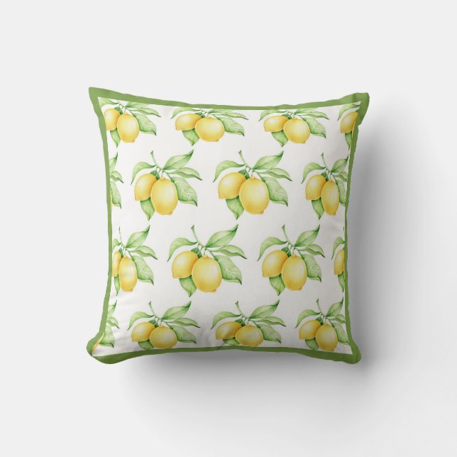 Lemon Pattern Watercolor Simple Green Trim Cushion (Front)