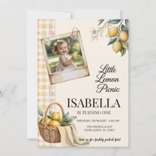 Lemon Picnic Retro Photo Frame Gingham Birthday Invitation