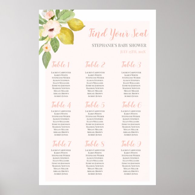 Lemon pink Baby Shower Girl Seating Chart (Front)