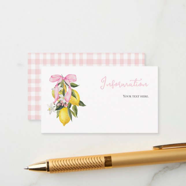 Lemon Pink Bow coquette baby shower information Enclosure Card (Front/Back In Situ)