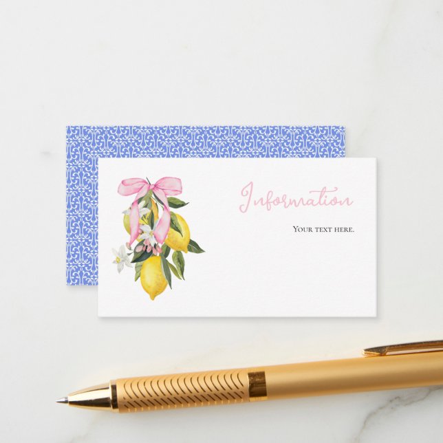 Lemon Pink Bow coquette baby shower information Enclosure Card (Front/Back In Situ)