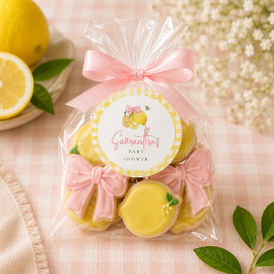 Lemon pink bow gingham  classic round sticker