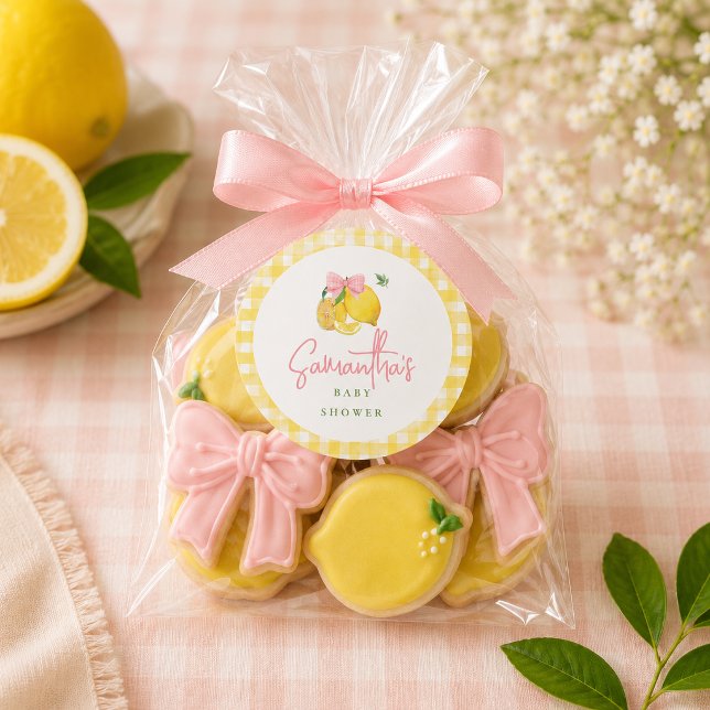 Lemon pink bow gingham  classic round sticker (Creator Uploaded)