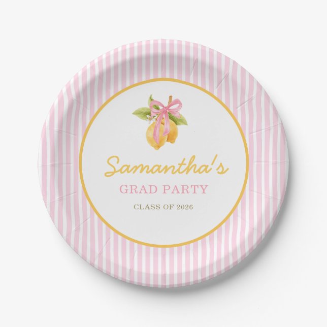 Lemon pink bow graduation party  paper plate (Front)