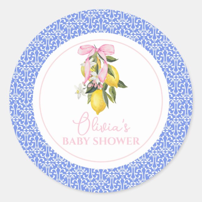 Lemon Pink Bow La Dolce Vita Baby Shower Classic Round Sticker (Front)