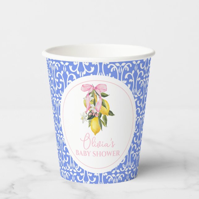 Lemon Pink Bow La Dolce Vita Baby Shower Paper Cups (Front)