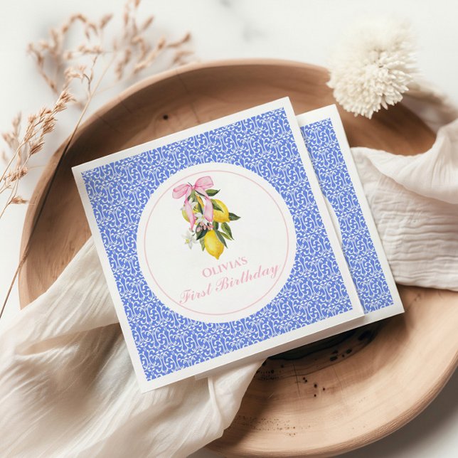 Lemon Pink Bow preppy 1st birthday Napkin (Creator Uploaded)