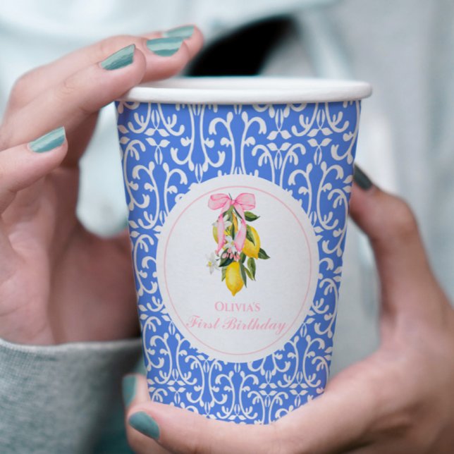 Lemon Pink Bow preppy 1st birthday Paper Cups (Creator Uploaded)