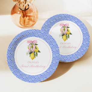 Lemon Pink Bow preppy 1st birthday Paper Plate