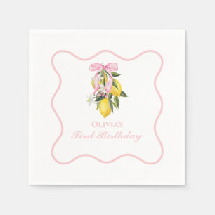 Lemon Pink Bow preppy Coquette  1st birthday Napkin