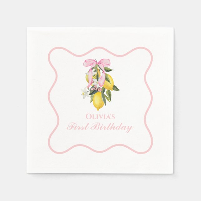 Lemon Pink Bow preppy Coquette  1st birthday Napkin (Front)