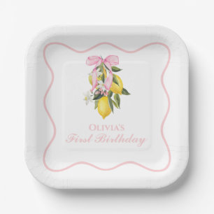 Lemon Pink Bow preppy Coquette 1st birthday Paper Plate