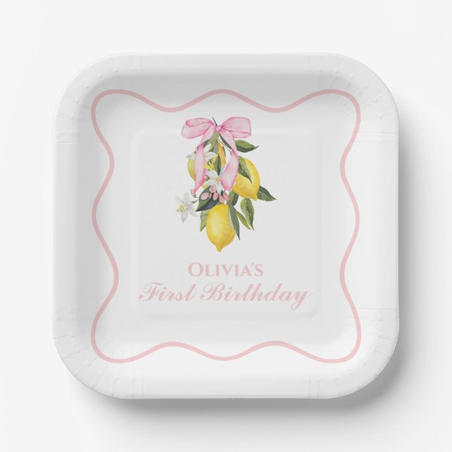 Lemon Pink Bow preppy Coquette  1st birthday Paper Plate (Front)