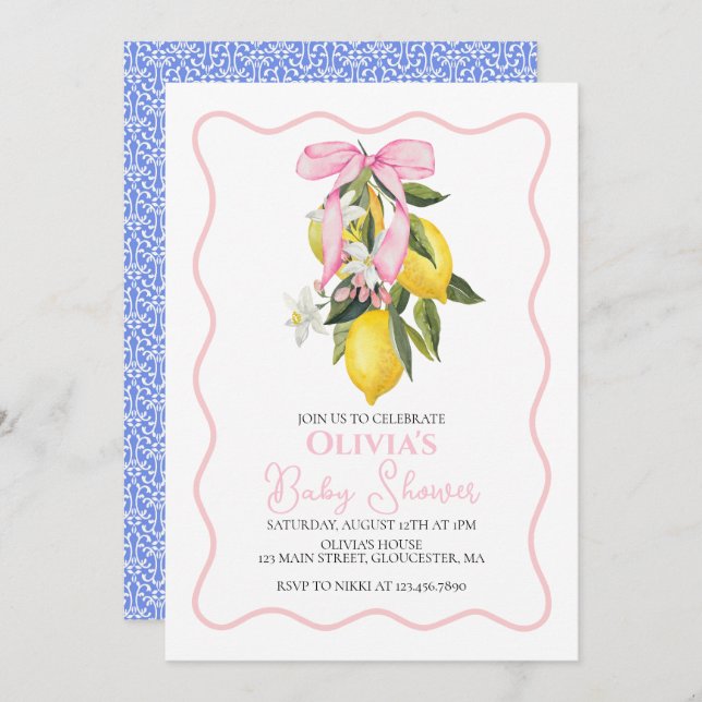 Lemon Pink Bow preppy Coquette baby shower Invitation (Front/Back)