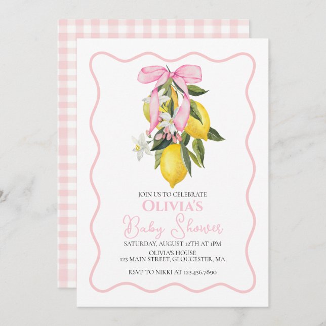 Lemon Pink Bow preppy Coquette baby shower Invitation (Front/Back)
