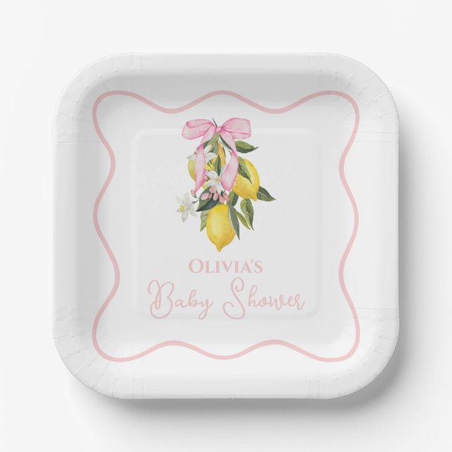 Lemon Pink Bow preppy Coquette Baby Shower Paper Plate (Front)