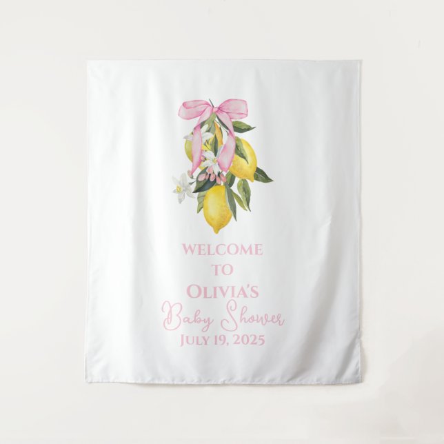 Lemon Pink Bow preppy Coquette Baby Shower welcome Tapestry (Front)