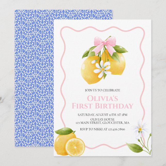 Lemon Pink Bow preppy Coquette birthday Invitation (Front/Back)
