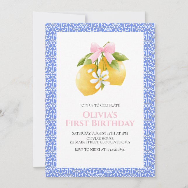 Lemon Pink Bow preppy Coquette birthday Invitation (Front)