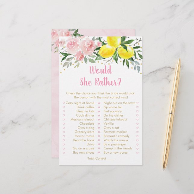 Lemon Pink Floral Would She Rather Bridal Game (Front/Back In Situ)
