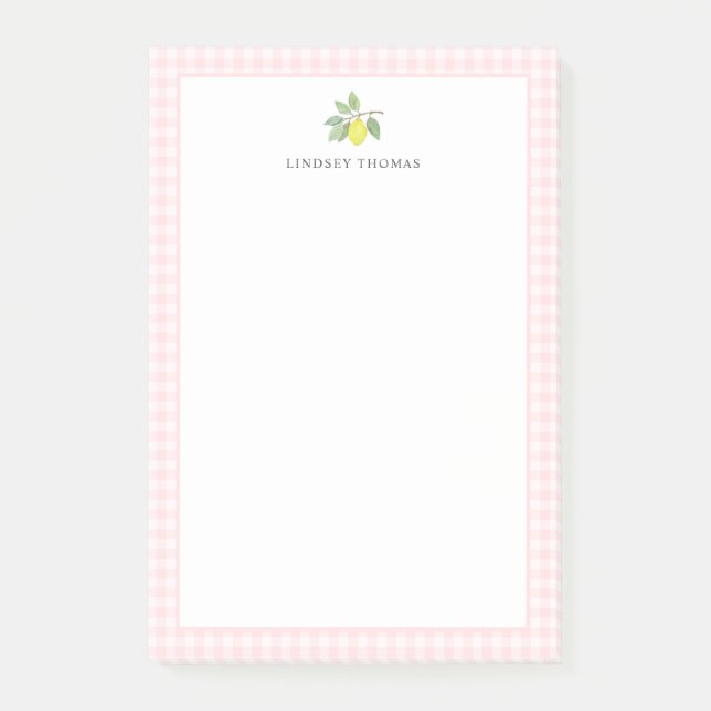 Lemon Pink Gingham Border Personalised Post-it Notes (Front)