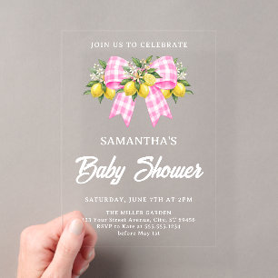 Lemon & Pink Gingham Bow Baby Shower Acrylic Invitations