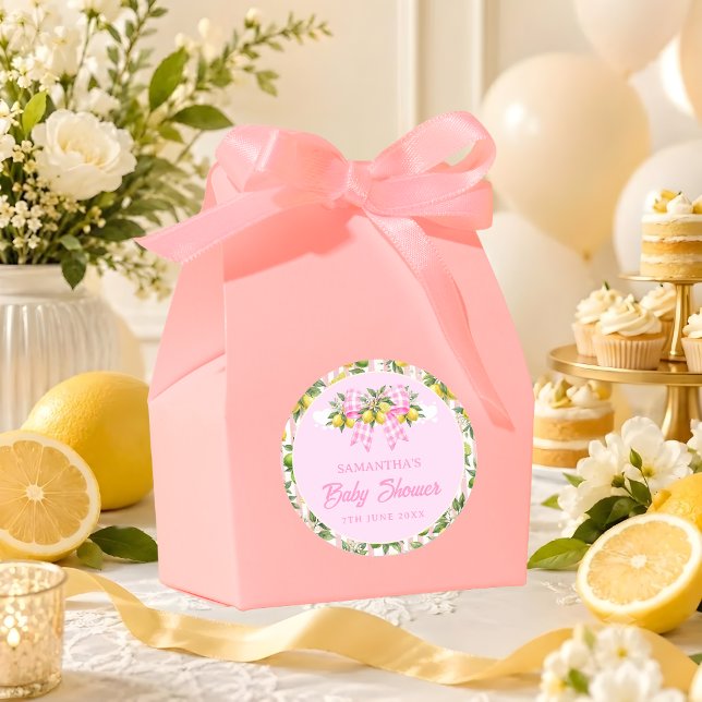 Lemon & Pink Gingham Bow Baby Shower Classic Round Sticker (Creator Uploaded)