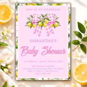 Lemon & Pink Gingham Bow Baby Shower Invitation