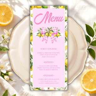 Lemon & Pink Gingham Bow Baby Shower Menu Card