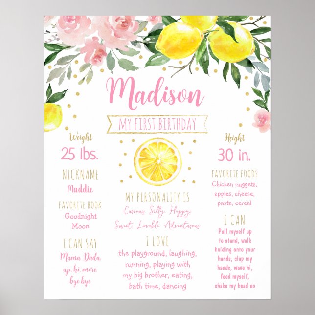 Lemon Pink Gold Floral First Birthday Milestone Poster (Front)