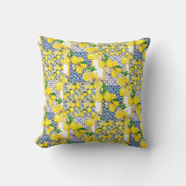 Lemon Portuguese Azulejo Mediterranean Santorini  Cushion (Front)